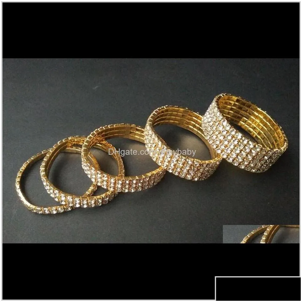bracelets 12 pieces lot 3 row bridal jewelry elastic crystal rhinestone stretch gold bangle bracelet wholesale wedding acc