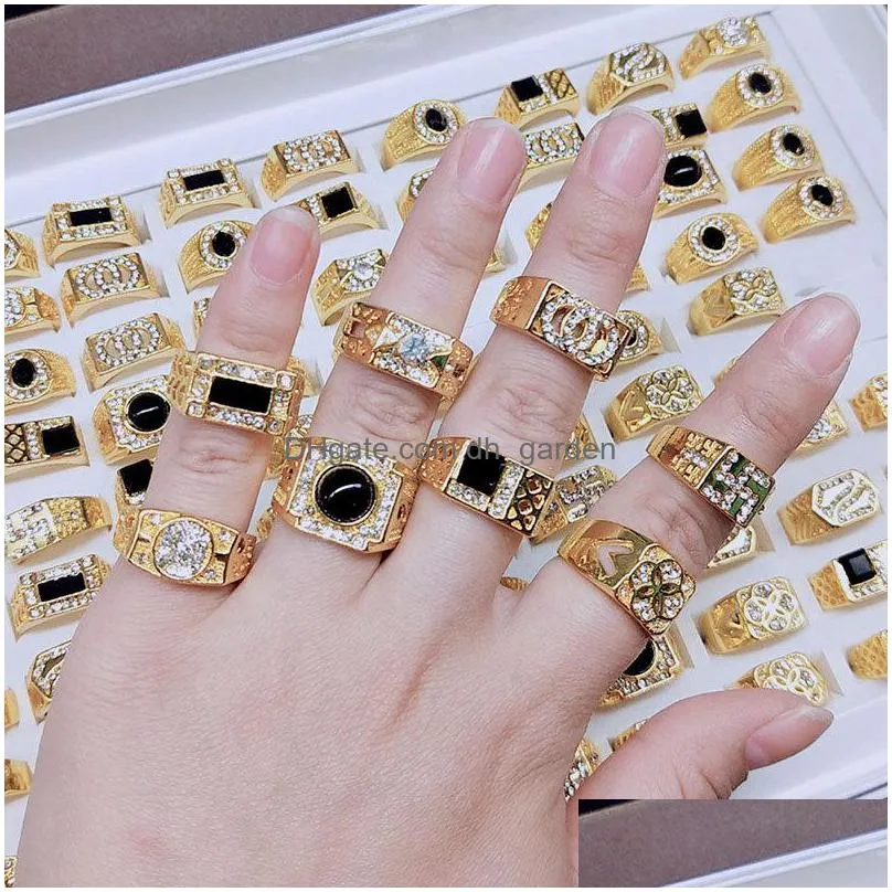 50pcs/lot men rings new design mixed styles gold with side stones rings and silverzircon wholesale lots female jewelry bulks lot