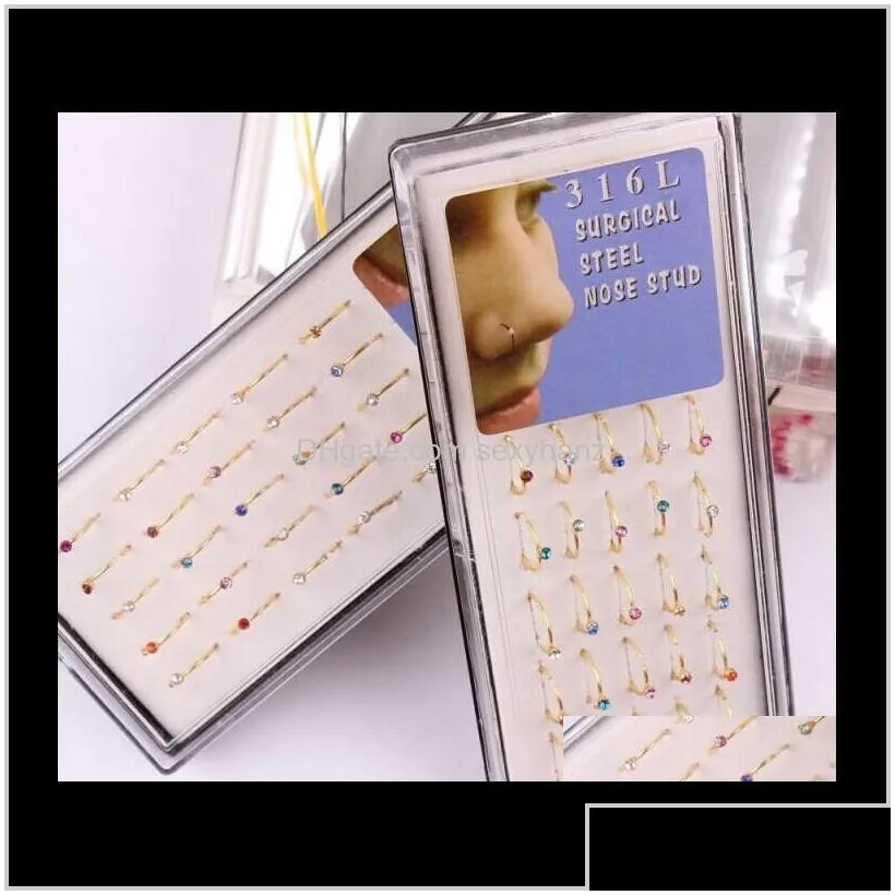 studs hoop ring 40pcs/lot mix 6 color cz gem body jewelry piercing stud gold nose rings 2uonp