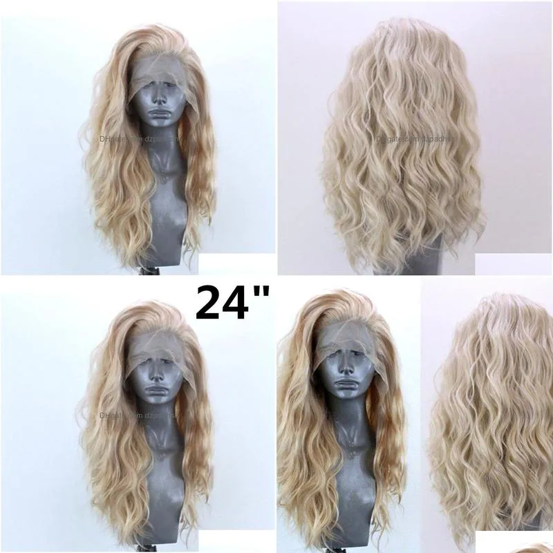 24 natural wavy wig women lady golden blonde curly lace front synthetic hair