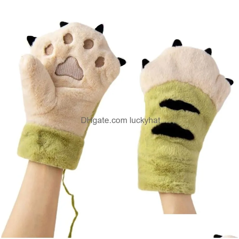 Five Fingers Gloves Gloves Five Fingers Students Animals Bear Paw Mittens Windproof Winter Plush Cute Cartoon Thick Warm Soft Hand Wea Dhw2V