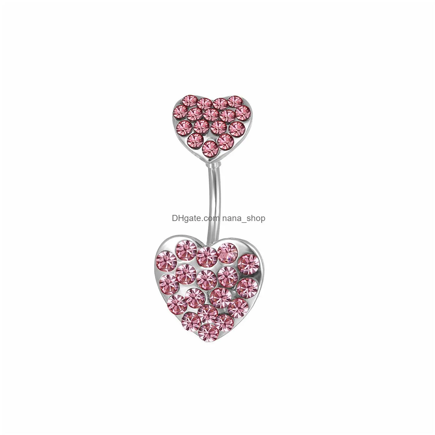 Navel & Bell Button Rings D0204 Double Hearts Clear Belly Navel Button Ring 14Ga 10Mm Length Drop Delivery Jewelry Body Jewelry Dhpfr