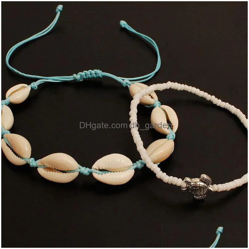 beach style woven shell string rice beads anklets tortoise set 2 foot accessories womens foot chain