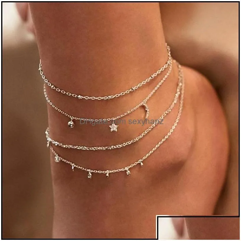 anklets summer boho moon star anklet for women gold mtilayer crystal ankle bracelet foot chain leg beach aessories jewelry