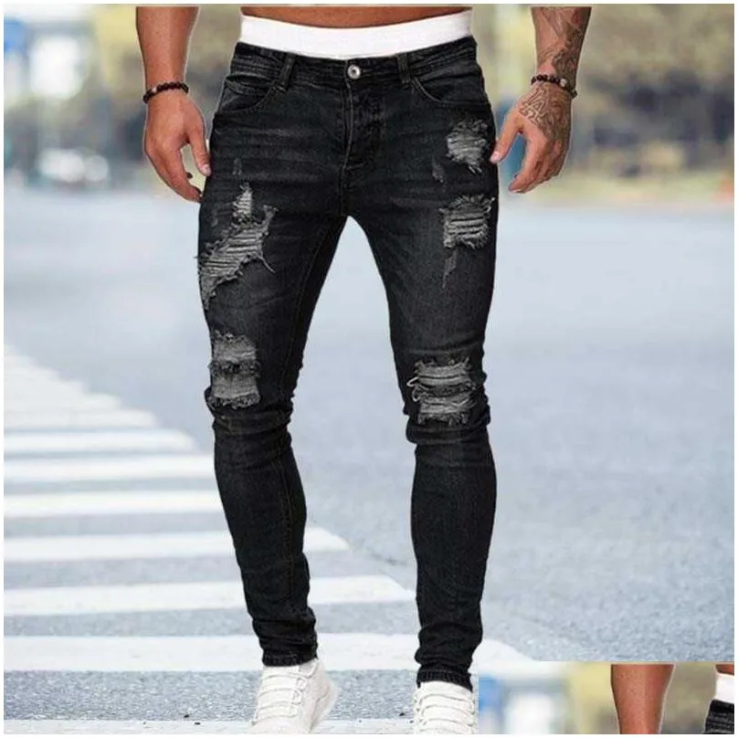 Men`S Jeans Black Skinny Jeans Men Ripped Male 2021 New Casual Hole Summer Street Hip Hop Slim Denim Pants Man Fashion Jogger Trousers Dh4Lf