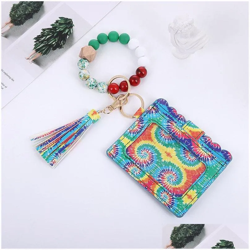 17 colors fashion pu leather bracelet wallet keychain tassels bangle key ring holder card bag silicone beaded wristlet handbag id purse credit pocket for