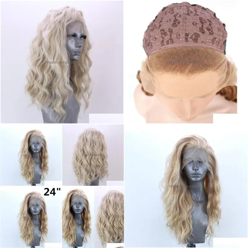 24 natural wavy wig women lady golden blonde curly lace front synthetic hair