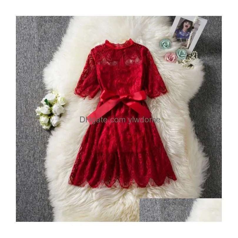 Girl`S Dresses Arrivals Children Girls Dress Spring Summer Half Sleeve Cotton Lace Red Girl Sashes Bow Princess Ball Gown 210713 Drop Dhvru