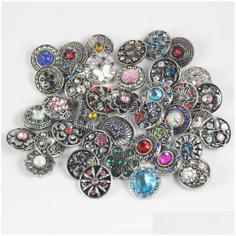 50pcs/lot metal vintage 18mm snap button for snap jewelry rhinestone buttons fit snap bracelet necklaces wholesale fashion mixed style