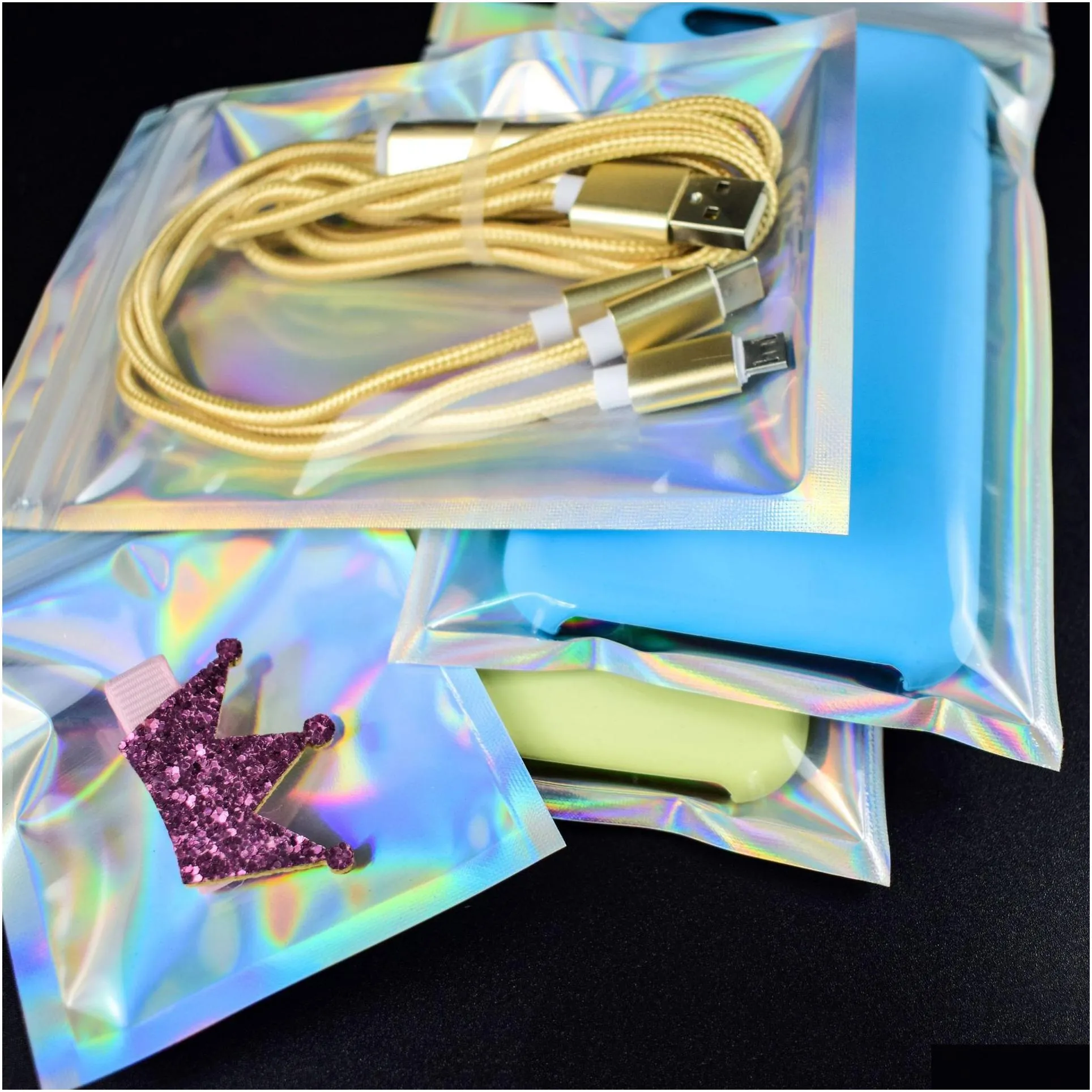 wholesale clear holographic laser ziplock bag cosmetic packaging self sealing gift bag jewelry thick aluminum foil zip lock bags