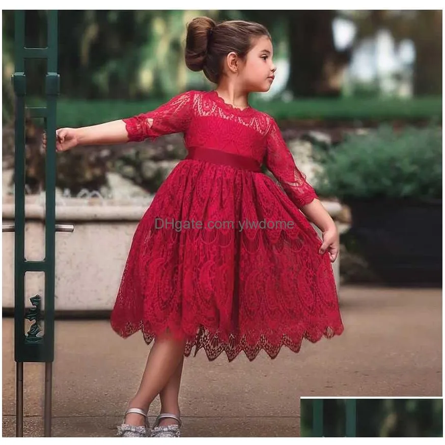 Girl`S Dresses Arrivals Children Girls Dress Spring Summer Half Sleeve Cotton Lace Red Girl Sashes Bow Princess Ball Gown 210713 Drop Dhvru