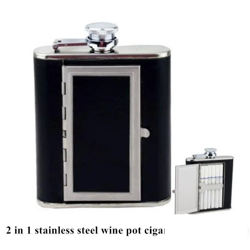 wholesale 2 in 1 stainless steel hip flask 6oz bottle and cigarette black case wine pot encrusted wrapper cigarette case by express