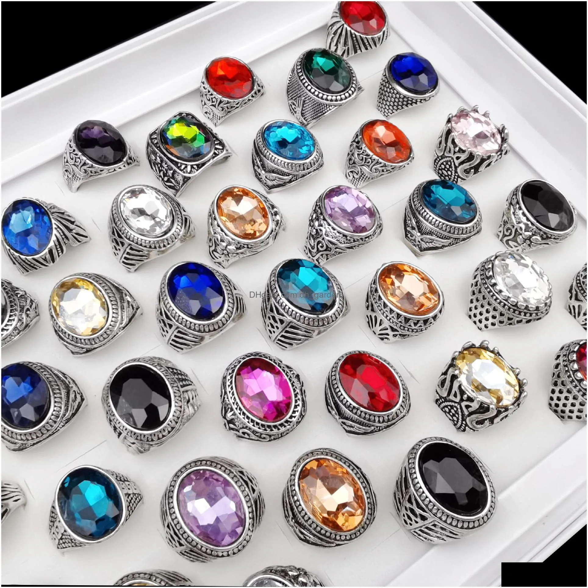 50pcs/lot luxury gemstone rings punk vintage ring for women men gift jewelry with emerald sapphire ruby gemstone rings for wedding