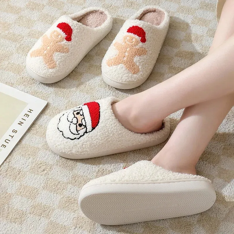 Slippers Winter Christmas Slippers For Women Gingerbread Elk Fluffy Soft Warm House Funny Shoes Cushion Slides Bedroom Ladies Plush Shoes 231109