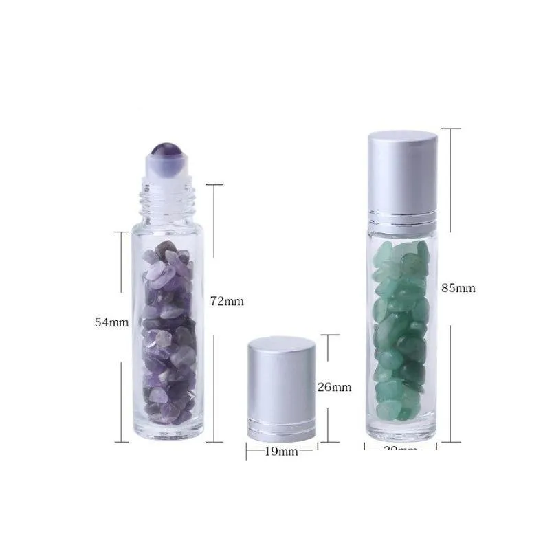 wholesale essential oil diffuser 10ml clear glass roll on perfume bottles with crushed natural crystal quartz stone crystal roller ball silver cut