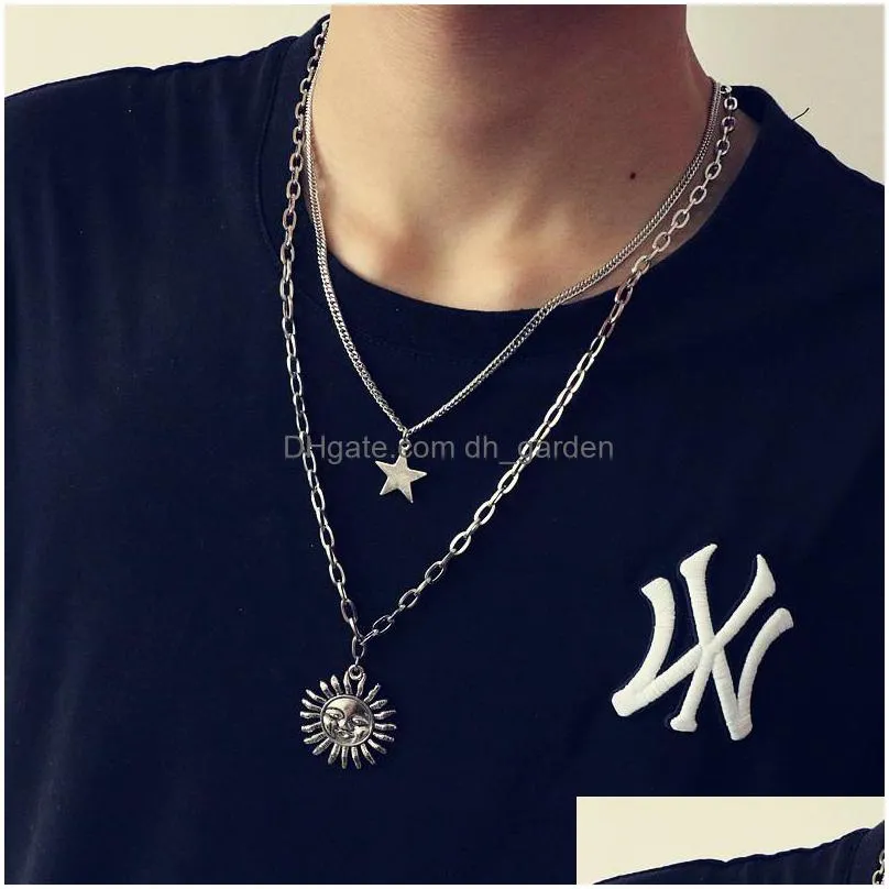 10pcs/lot vintage multilayer hiphop stainless steel necklaces for men women rock rapper charm collar pendants jewelry