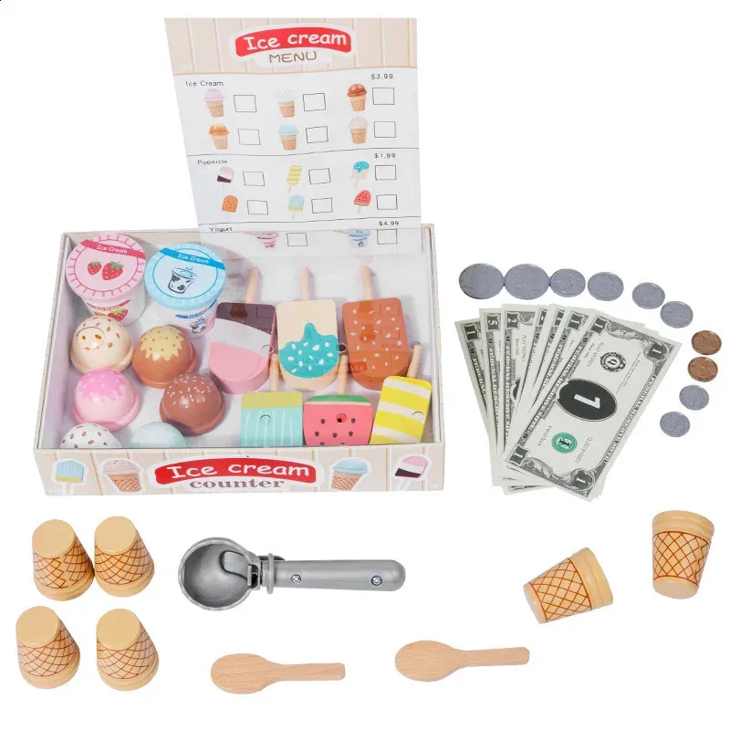 Kitchens Play Food Wooden House Kitchen Toy Set Simulation Ice Cream Accessories For Kids Preschool Education Game Xmas Gift 231109