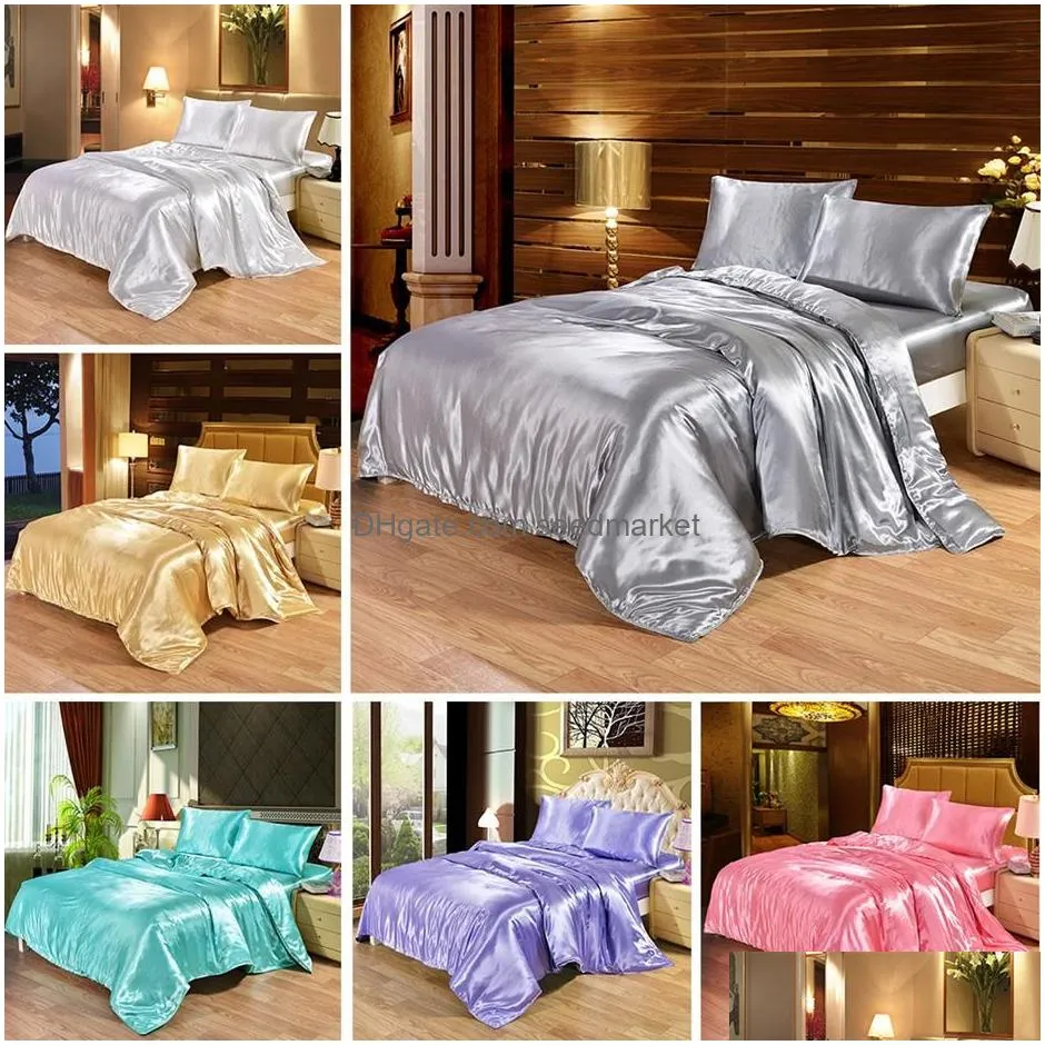 pieces 4 bedding set luxury satin silk queen king size bed set comforter quilt duvet cover flat and fitted bed sheet bedcloth