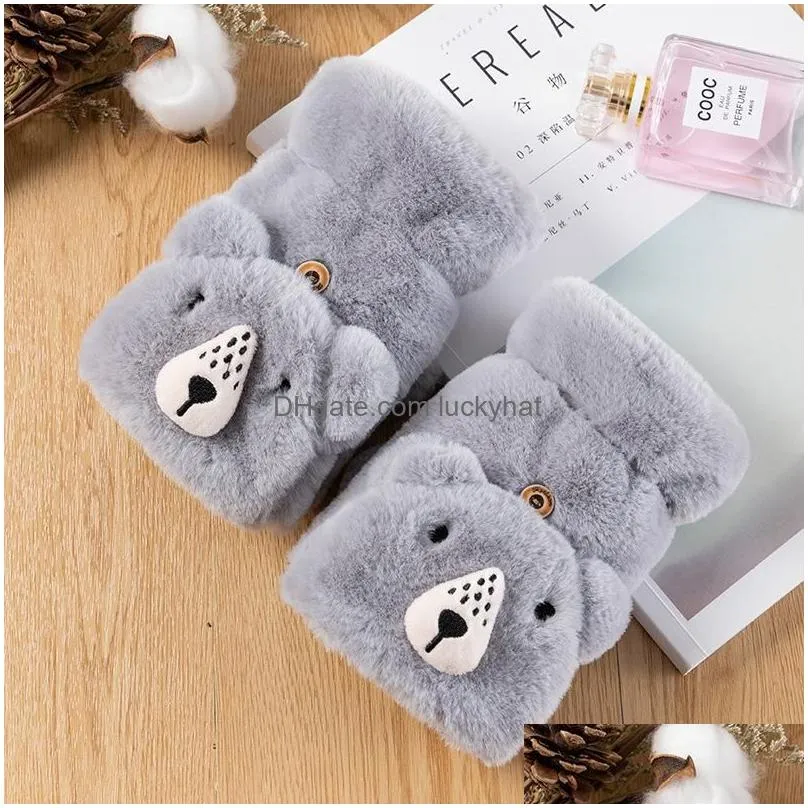 Five Fingers Gloves Five Fingers Gloves Cute Dog Cartoon Fur Mittens Winter Women Girl Animal Ear Plush Wrist Half Fingerless Thicken Dh7Ij