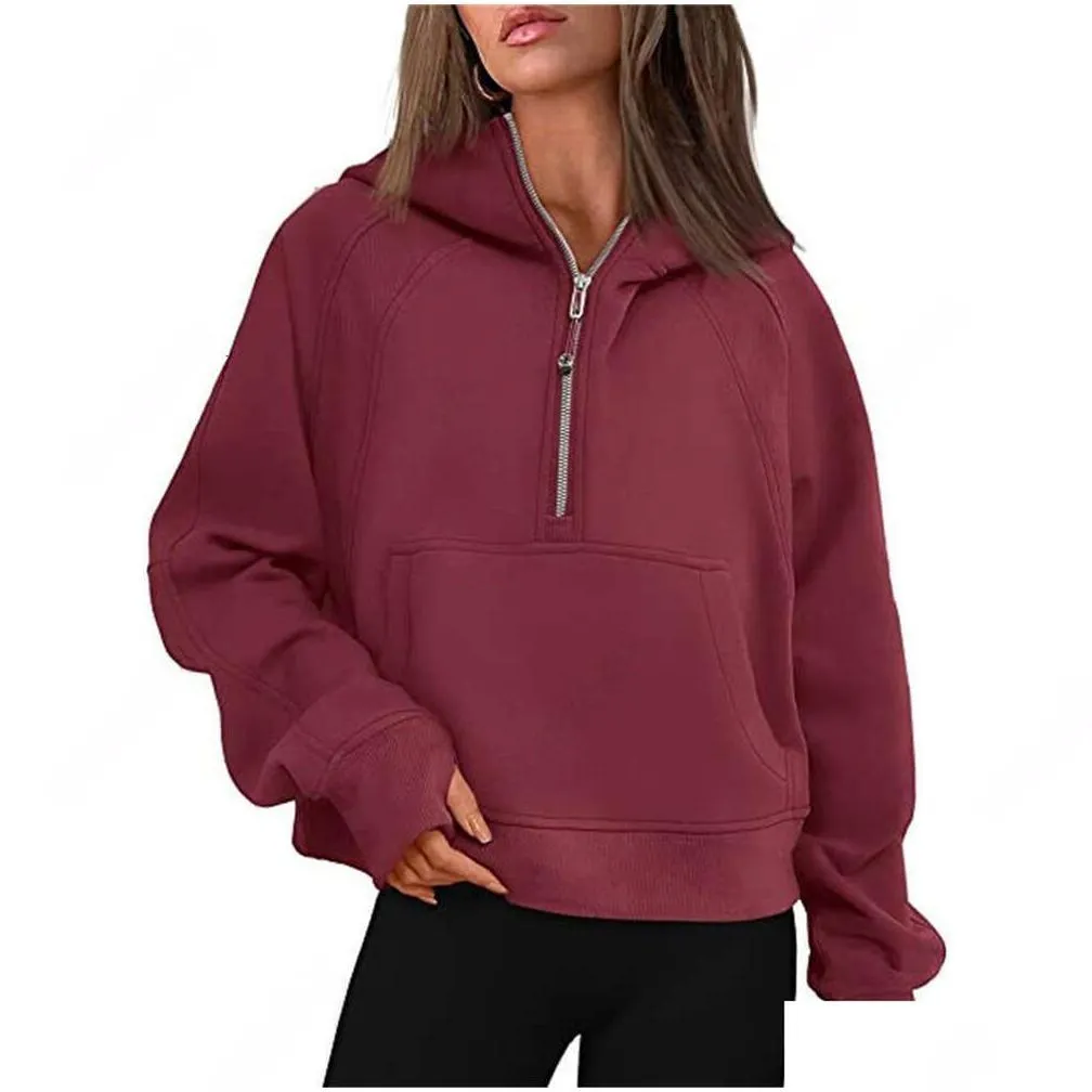 lululemens-43 autumn winter yoga suit scuba hoodie half zip womens sports sweater loose gym jacket fitness short plush coat