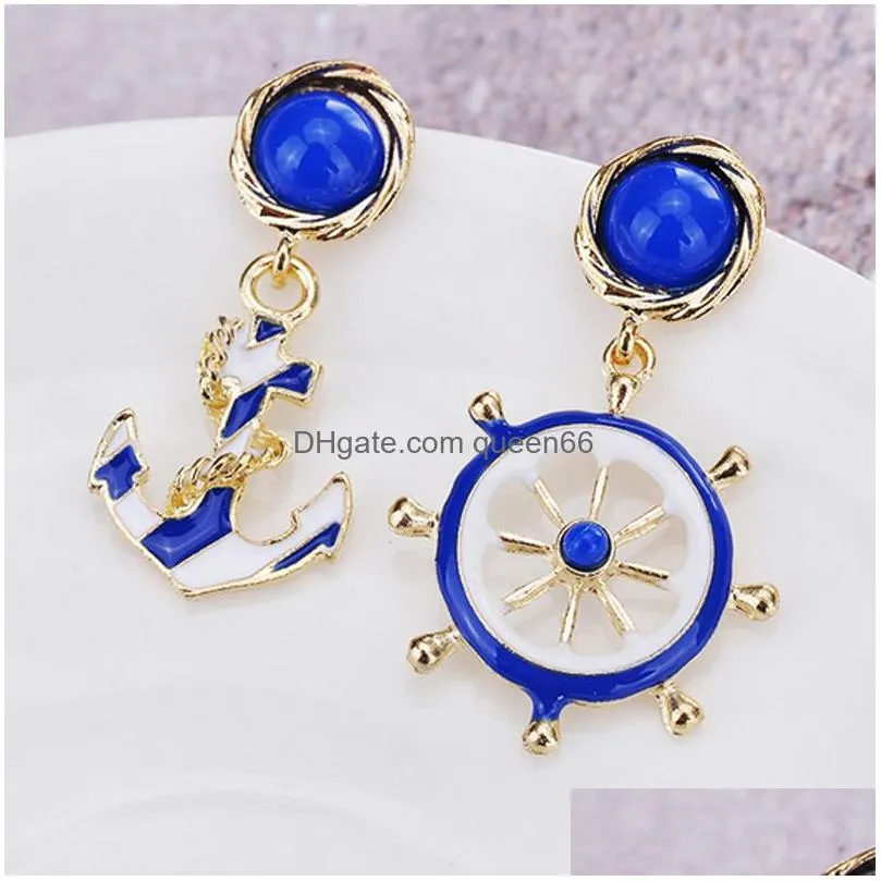 Dangle & Chandelier Navy Style Fashion Anchor Dangle Earrings Epoxy Enamel Rudder Chandelier Earring For Women Ladies Gold Plated Jewe Dhyag