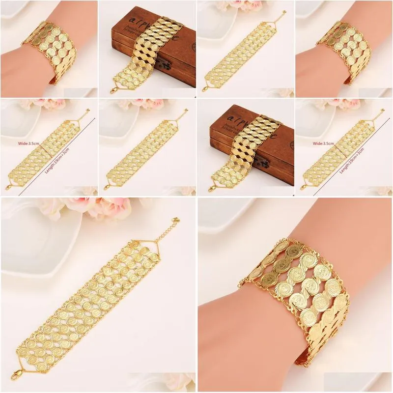 arab bracelet women 18 k solid g/f gold coins bangle islam middle east chain jewelry 190add 30 mm 35mm wide