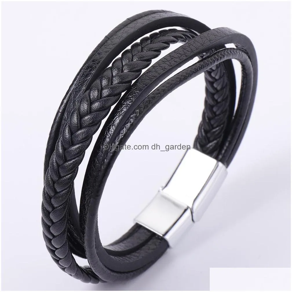 wholesale hand woven multilayer mens bracelet jewelry national style retro alloy magnetic buckle leather bracelet