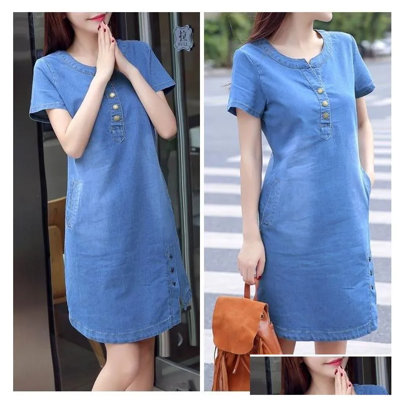 korean plus size denim dress for women summer dress casual with button pocket sexy mini jeans dress 3xl 4xl boodinerinle 210316