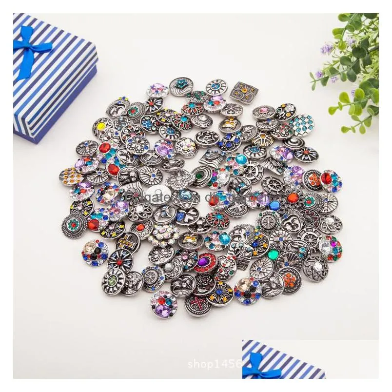 50pcs/lot metal vintage 18mm snap button for snap jewelry rhinestone buttons fit snap bracelet necklaces wholesale fashion mixed style