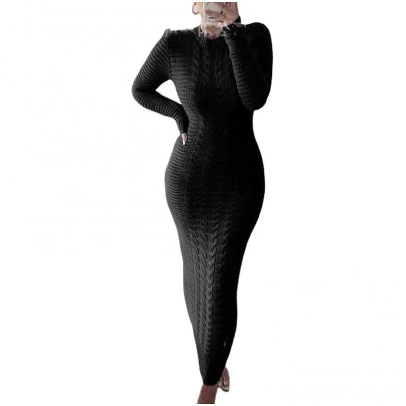 casual dresses women autumn winter solid color long sleeve twisted knitted bodycon warm plus size sweater dress