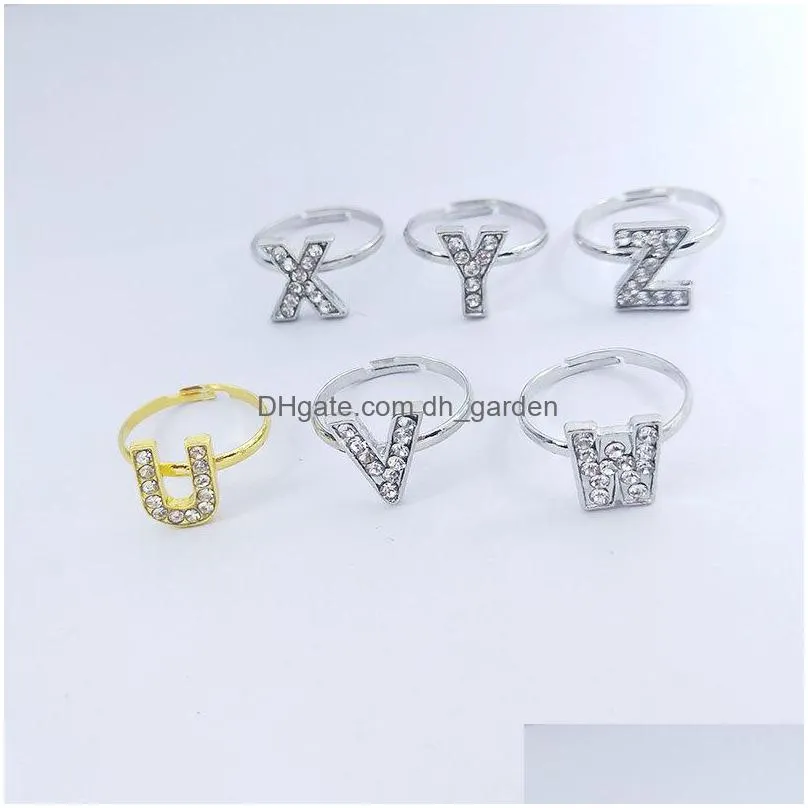 50pcs/lot multicolor simple band metal adjustable opening letter diamond rings for women fashion wedding jewelry party gifts mix style