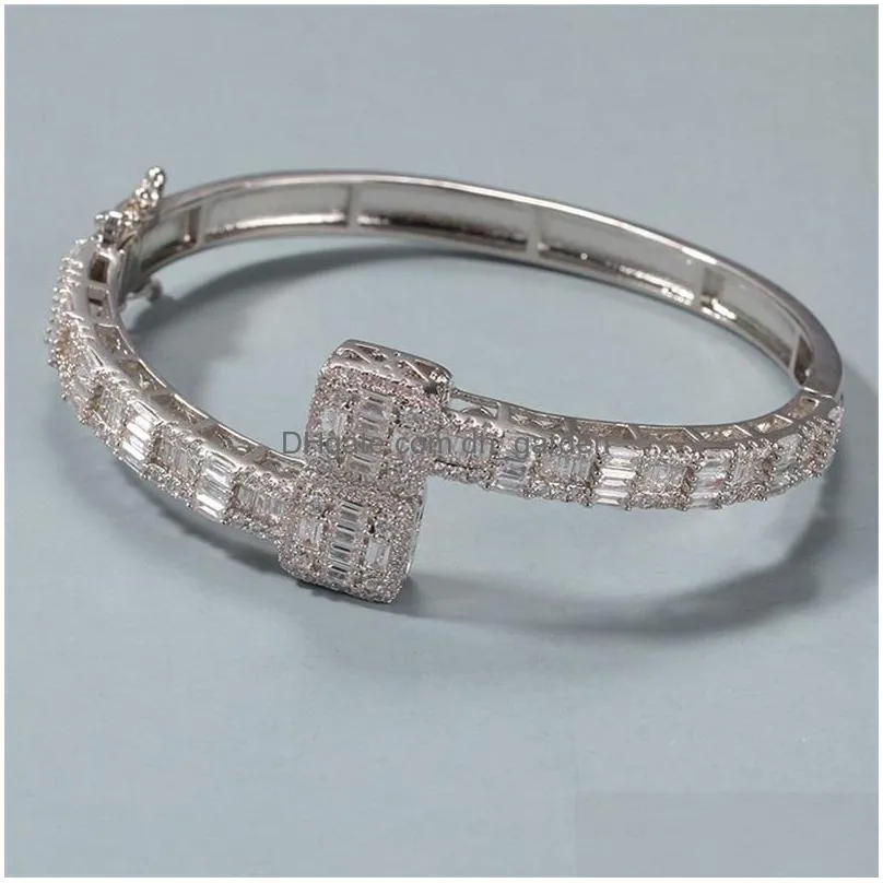 14k gold men ladies cubic zirconia diamond baguette square bangle bracelet opening size hiphop jewelry 162 r2