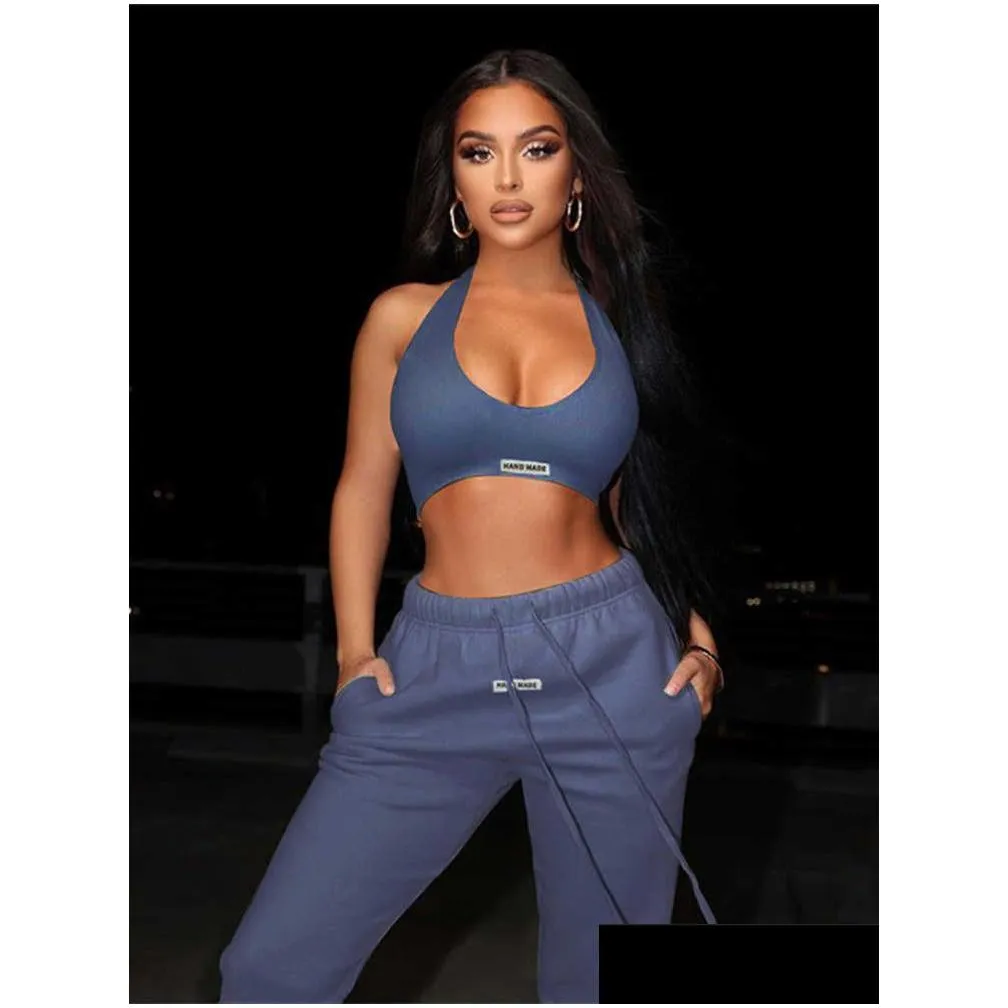 Two Piece Dress Two Piece Dress Sporty Set Girl Halter Crop Tops Dstring Sweatpants Slim Activewear Casual Gym Workout Fitness Womens Dhqo4