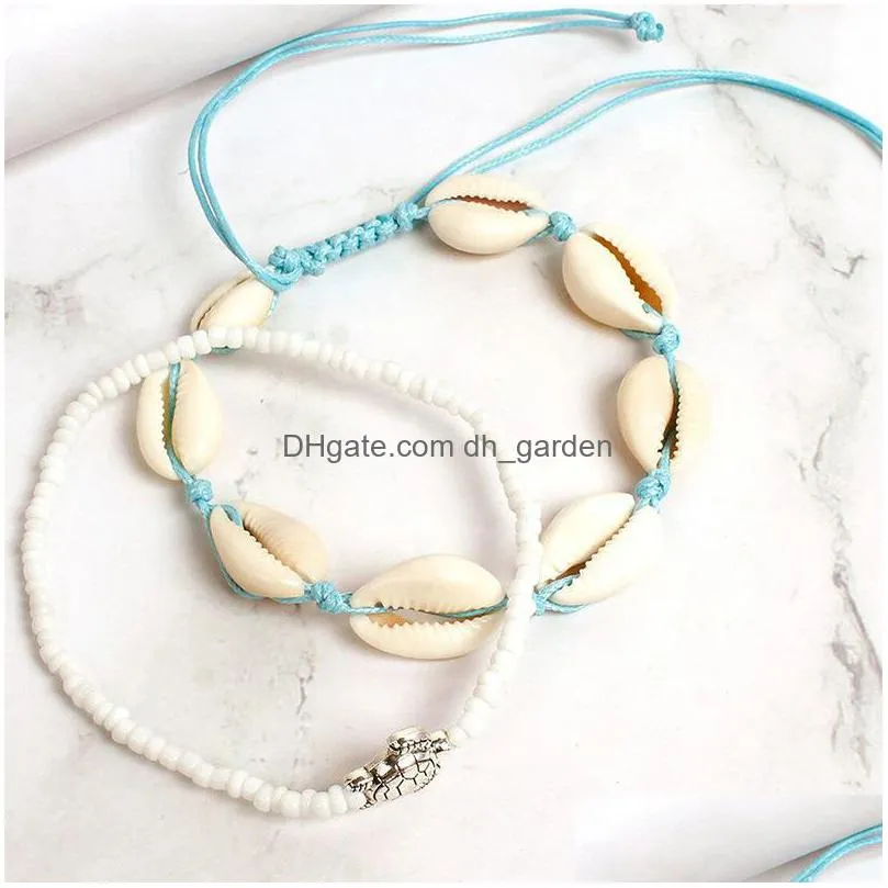 beach style woven shell string rice beads anklets tortoise set 2 foot accessories womens foot chain
