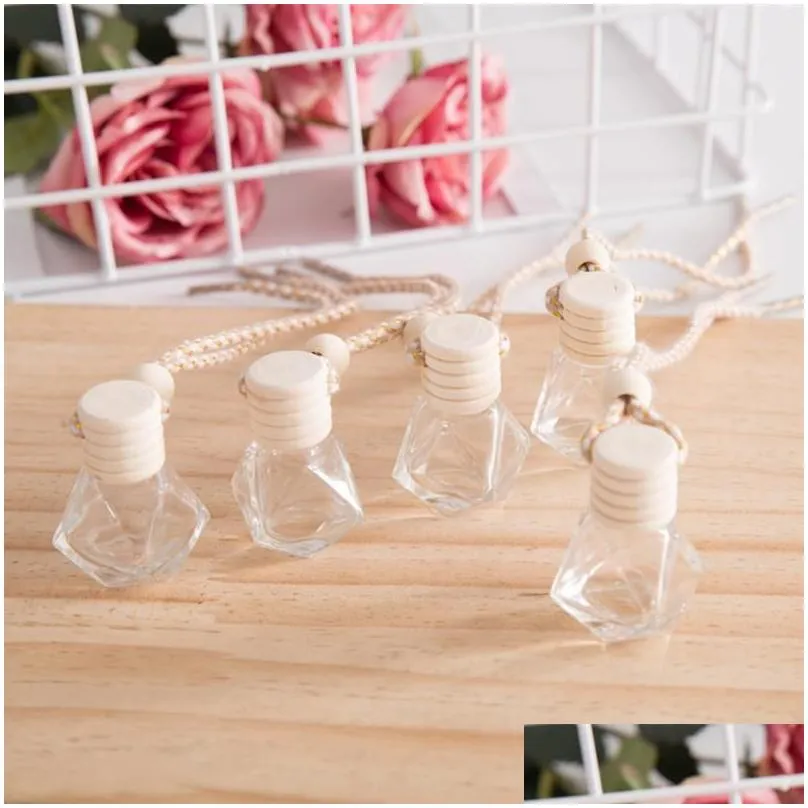  Oils Diffusers Rhombic  Oils Diffusers Car Pendant Per Bottle Glass Ornaments Empty Bottles Round Wooden Lid Air Fr Dhla3