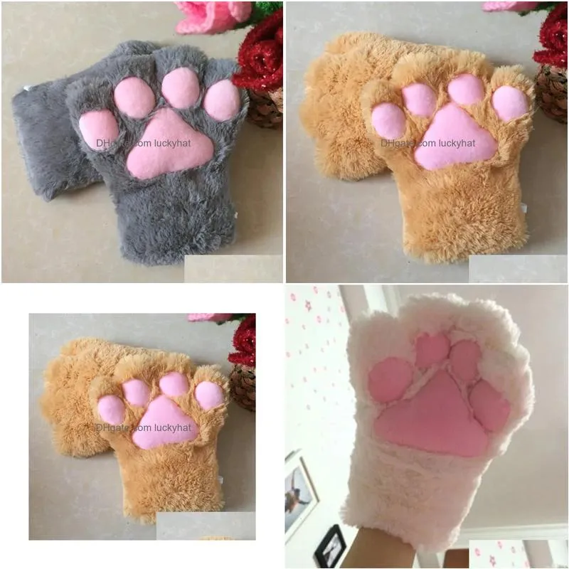 Five Fingers Gloves Five Fingers Gloves 1Pair Lovely Plush Cat Paw Claw Winter Warm Fingerless Women Girls Fluffy Bear Half Finger Mit Dh1Ka