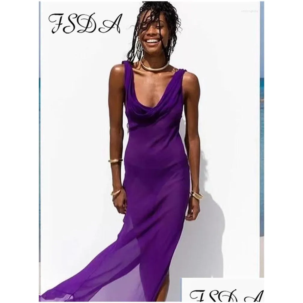 Basic & Casual Dresses Casual Dresses Mesh Swing Neck Sleeveless Backless Sheer Maxi Dress Women Summer Beach Y See Through Long Party Dhmtr