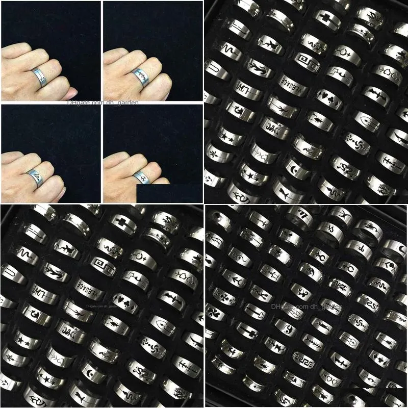 50pcs/lot stainless steel hollow ring fashion silver color finger ring jewelry for men women gift mixed style