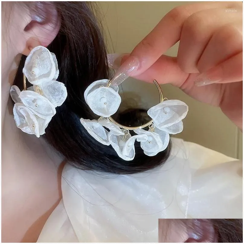 hoop earrings kaitin silver needle cloth art crystal flower for women korean fashion personality temperament female