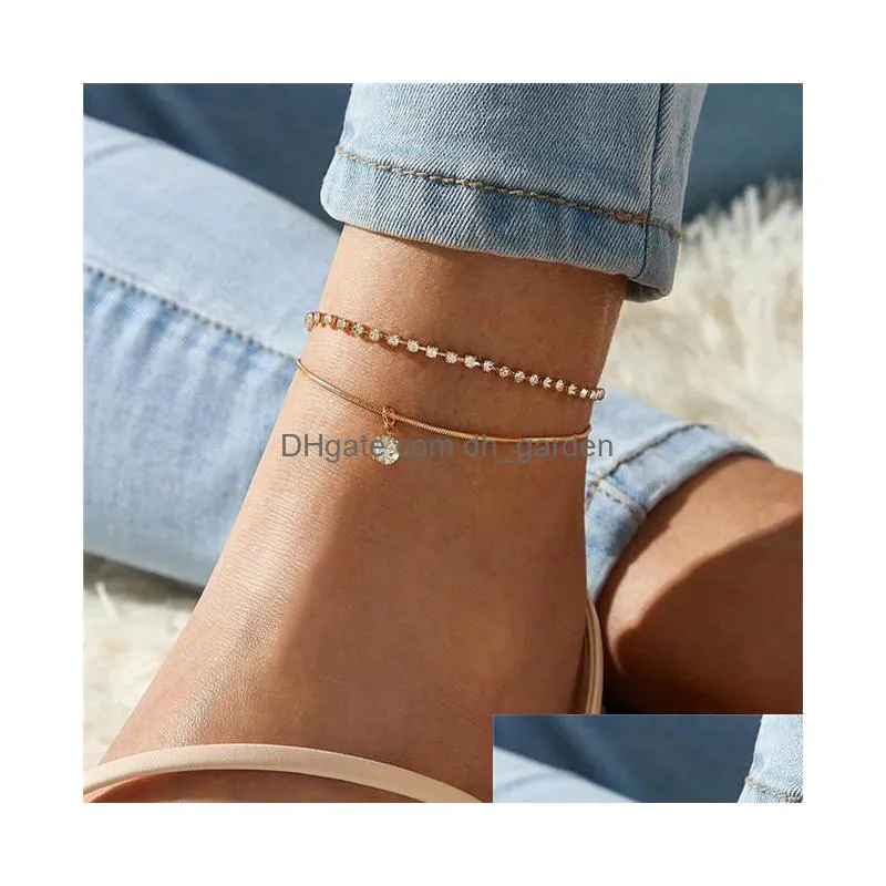 doubledeck anklet rhinestone crystal ankle charm bracelet boho beach anklets for women sandals foot bracelets female wedding jewelry