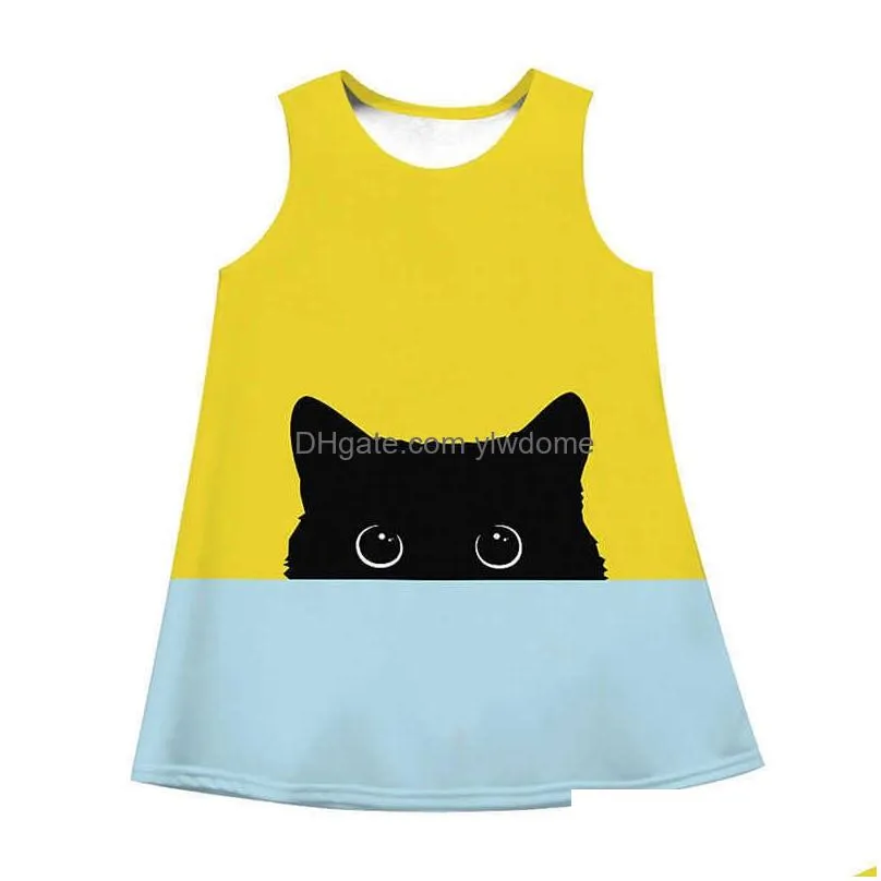 Girl`S Dresses Kids Dress Girl Clothes Cute Colorf Animal Print Cat Toddler Dresses Sleeveless A-Line Rainbow 8 10 12 Year Vestido Dro Dhxa0