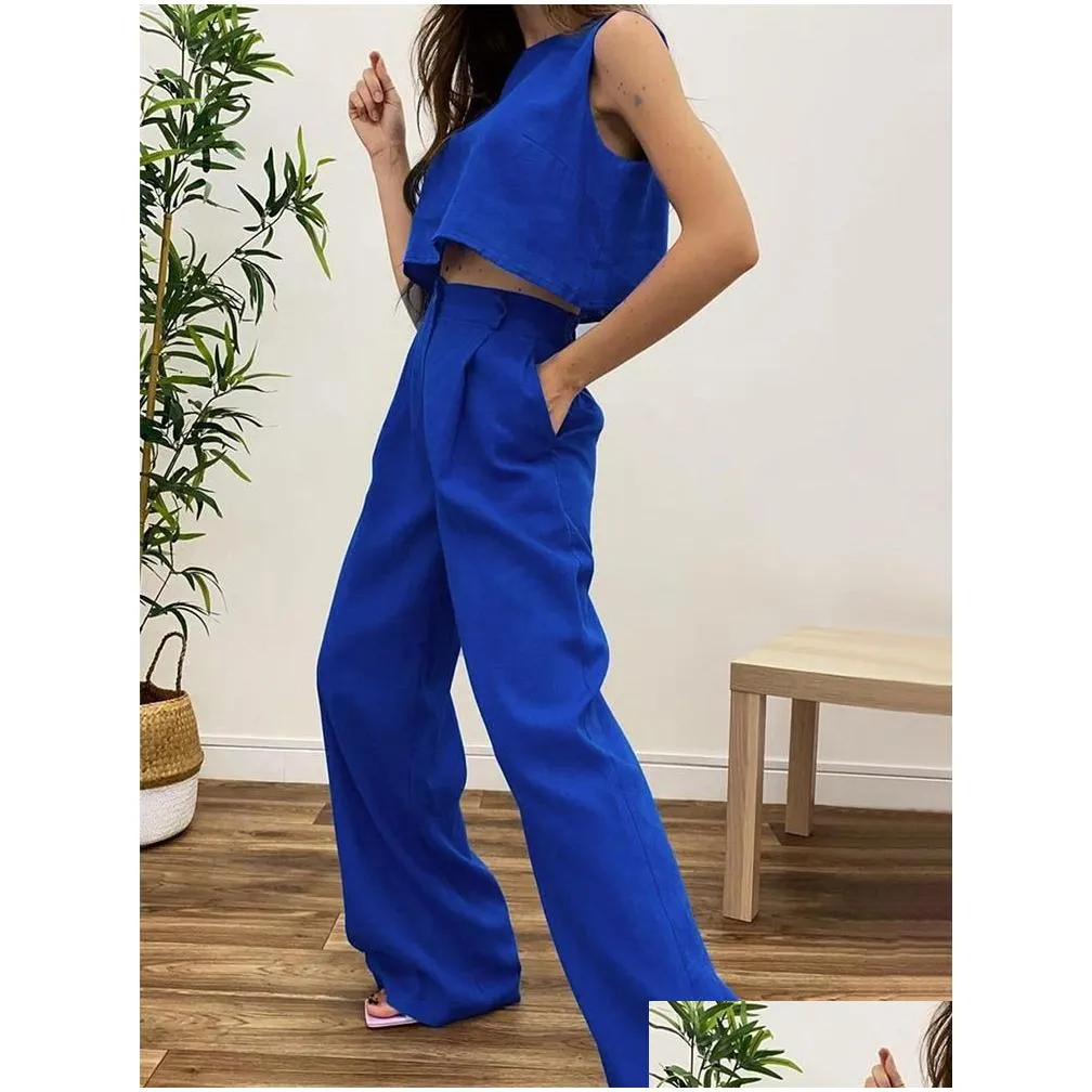 womens two piece pants summer women vest set o-neck crop tops high waist flare suit female 2022 causal vintage lady outfits