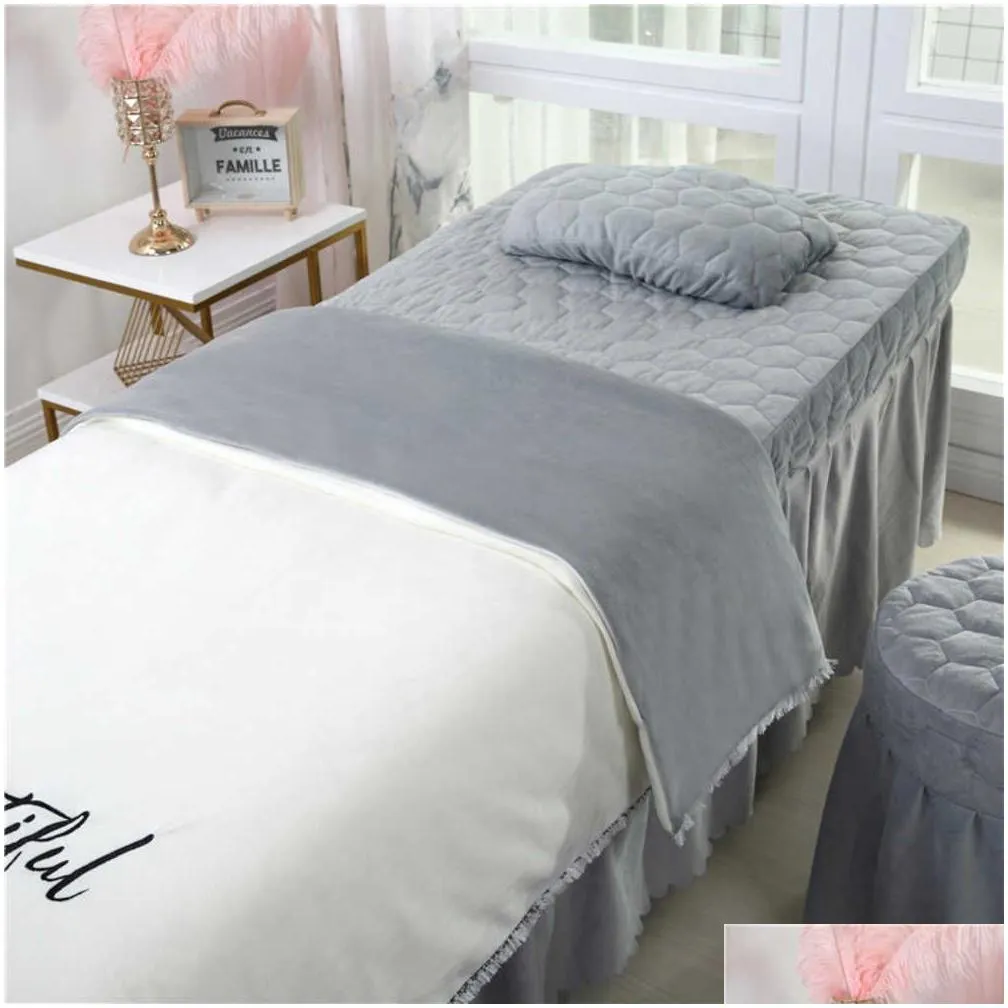 Bedding Sets 4Pcs Beautif Beauty Salon Bedding Sets Mas Spa Use Coral Veet Embroidery Duvet Er Bed Skirt Quilt Sheet Custom Drop Deliv Dhwzn