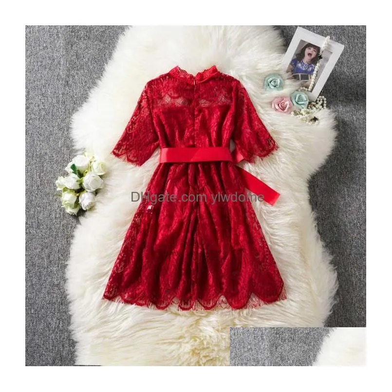 Girl`S Dresses Arrivals Children Girls Dress Spring Summer Half Sleeve Cotton Lace Red Girl Sashes Bow Princess Ball Gown 210713 Drop Dhvru