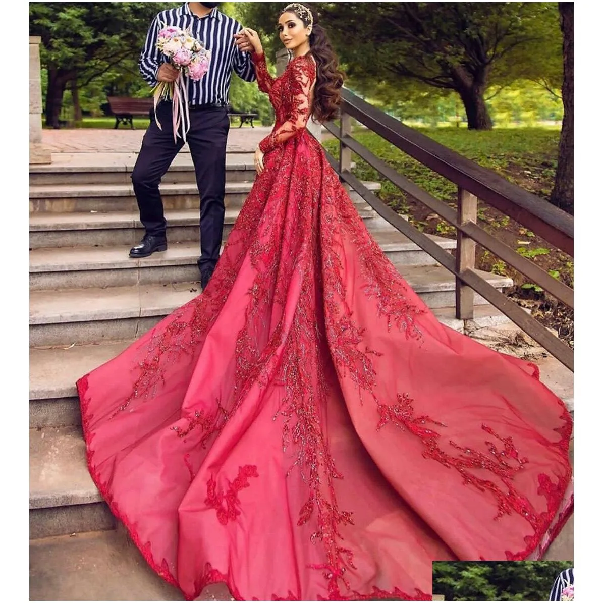 Evening Dresses Red Evening Dresses Jewel Neck Lace Beaded Appliques Sequins Prom Dress A Line Custom Made Gorgeous Robes De Soiree Dr Dhaqc