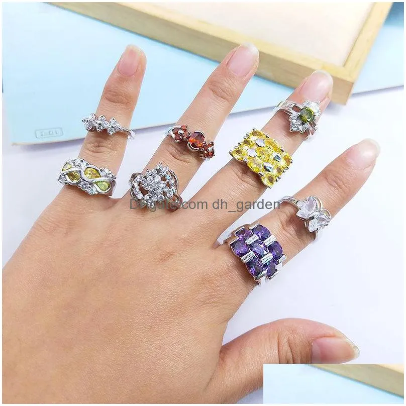 wholesale 50pcs / lot silver color square zircon with side stones ring fashion gold color jewelry promise engagement rings for women