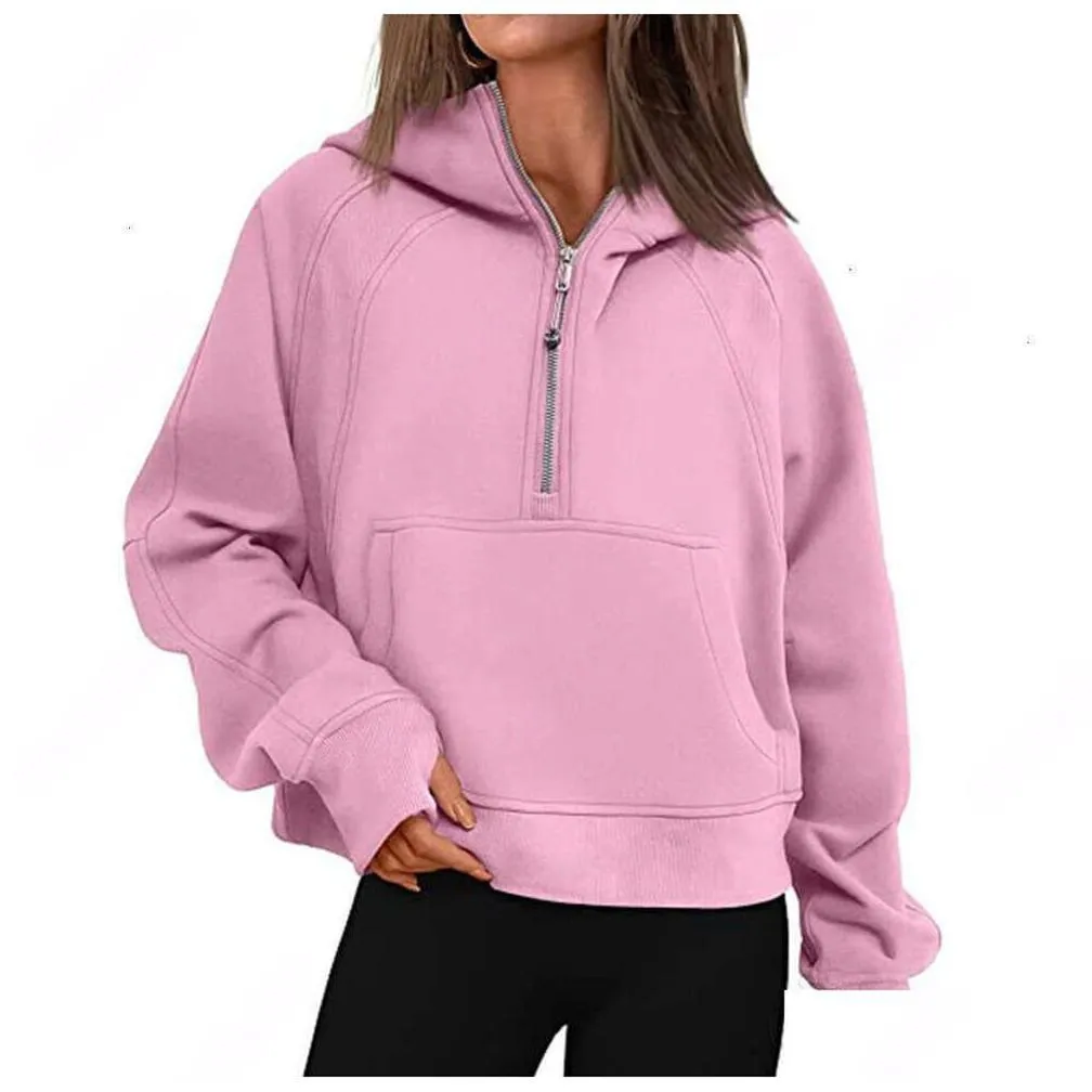 lululemens-43 autumn winter yoga suit scuba hoodie half zip womens sports sweater loose gym jacket fitness short plush coat