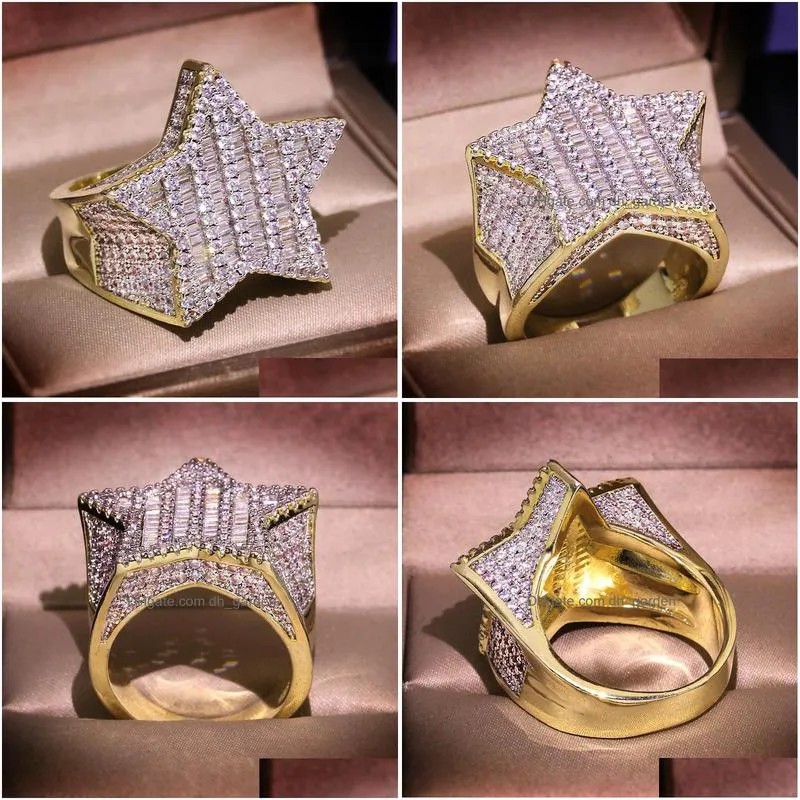 mens iced out gold rings fivepointed star full diamond stones rings hip hop ring jewelry