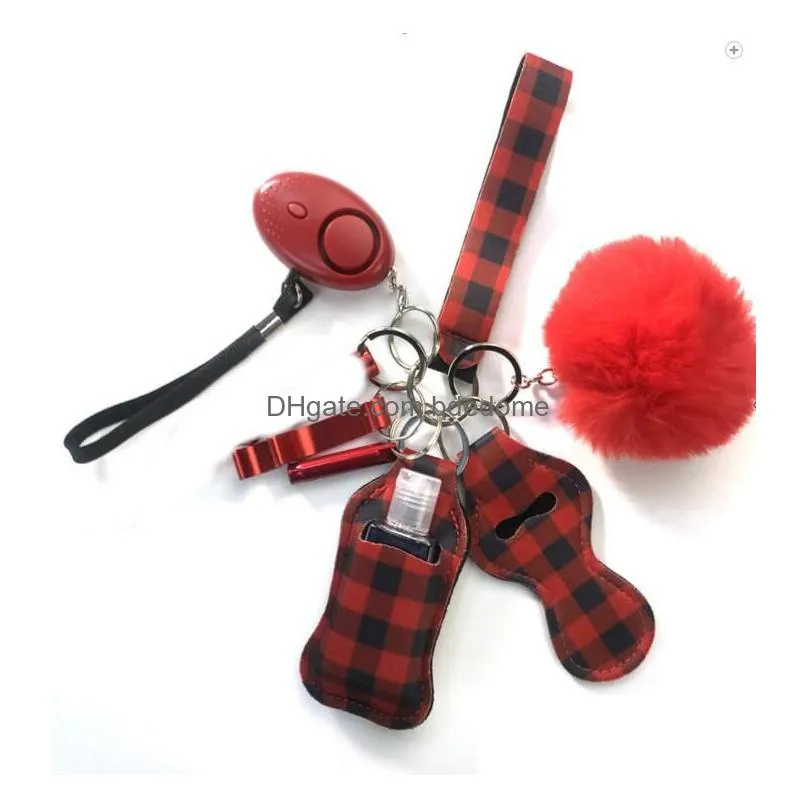 30 Colors 9Pcs/Sets Defense Keychain Set Alarm Pompom Hand Sanitizer Wrist Strap Lipstick Keychains Bottle Opener For Woman Men Self-D Dha0W