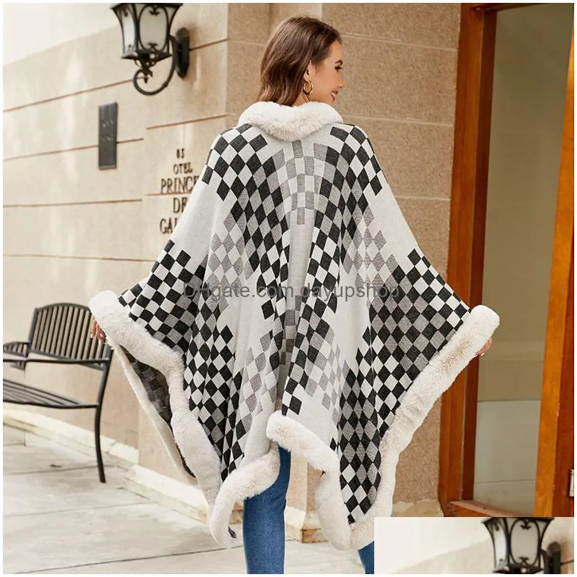 5 Colors Womens Fur Collar Cape Thickened Warm Plaid Cloak Autumn/Winter Plush Hem Knit Drop Delivery Dhe1D